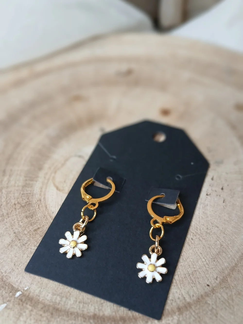 Gold Daisy Drop Hoop Earrings - White & Yellow Flower Charm